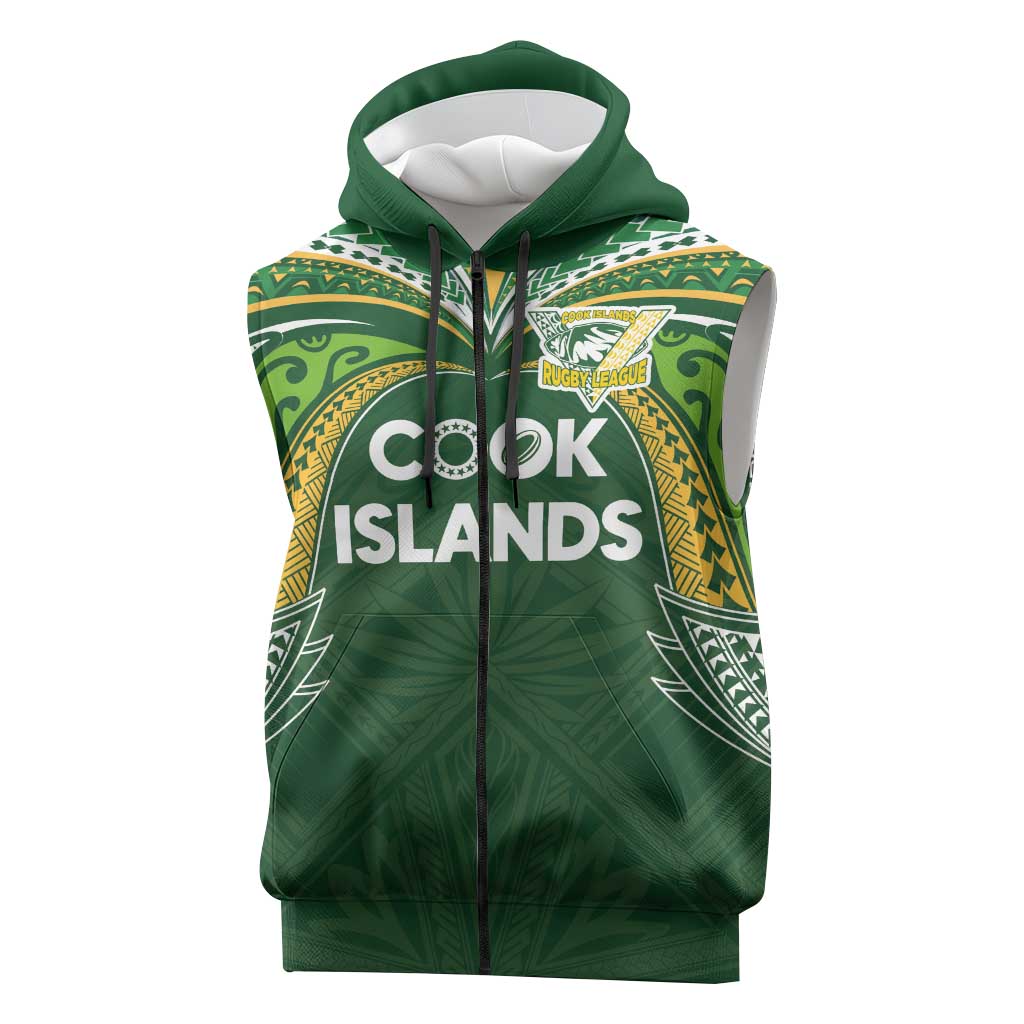 Custom Cook Islands Rugby League Sleeveless Zip Hoodie Tatau Tribal Motifs-Dark Green Color LT03 Green - Polynesian Pride
