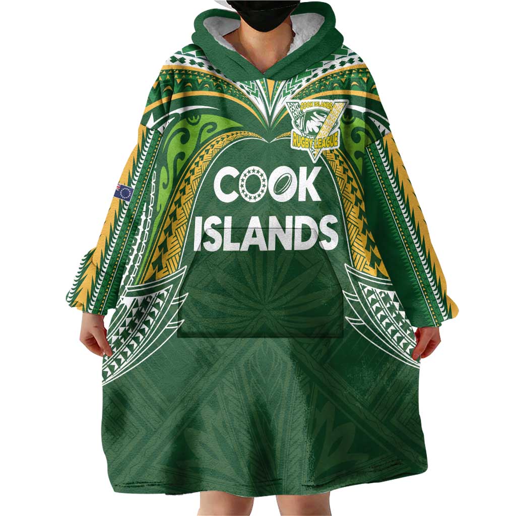 Custom Cook Islands Rugby League Wearable Blanket Hoodie Tatau Tribal Motifs-Dark Green Color LT03 - Polynesian Pride