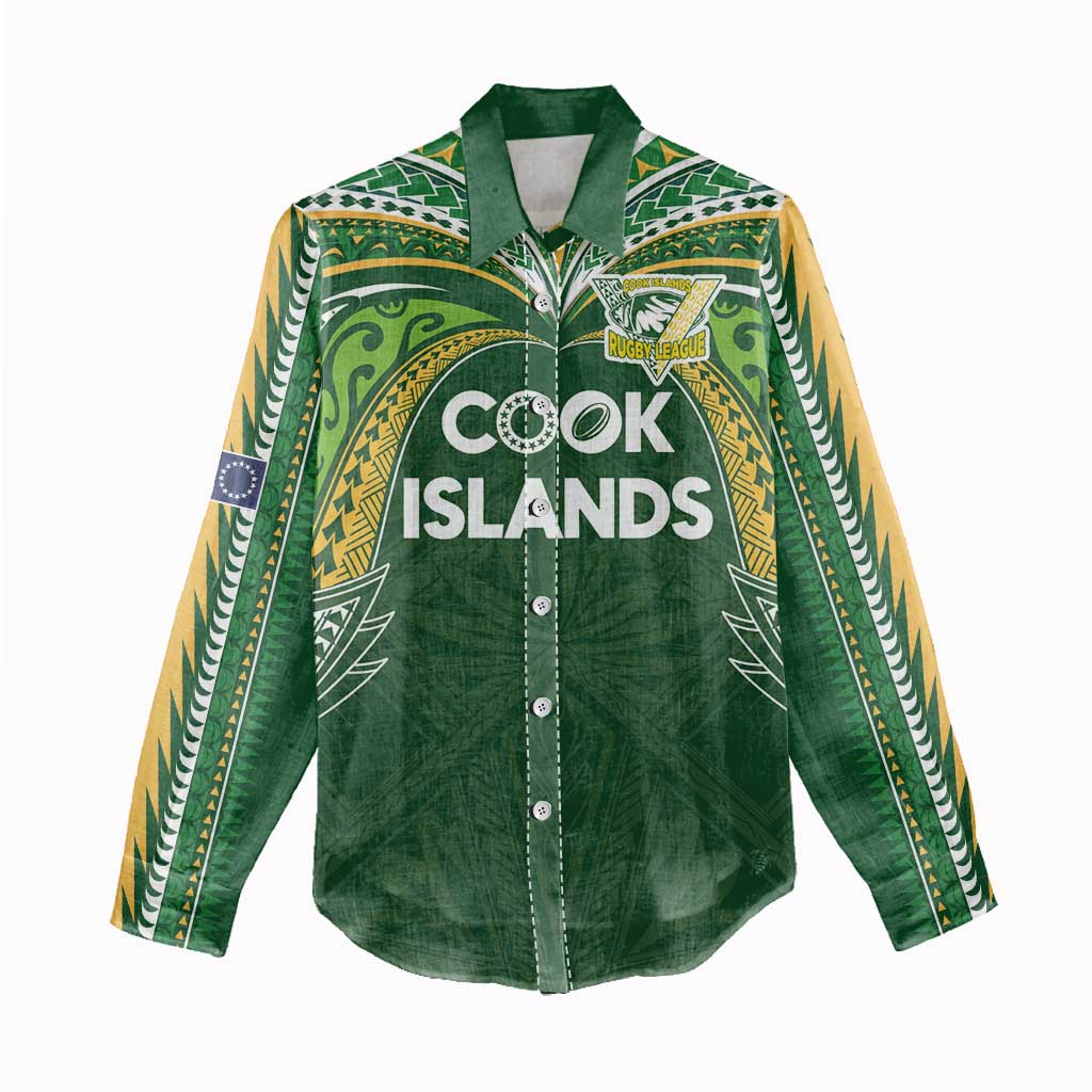 Custom Cook Islands Rugby League Women Casual Shirt Tatau Tribal Motifs-Dark Green Color LT03 - Polynesian Pride