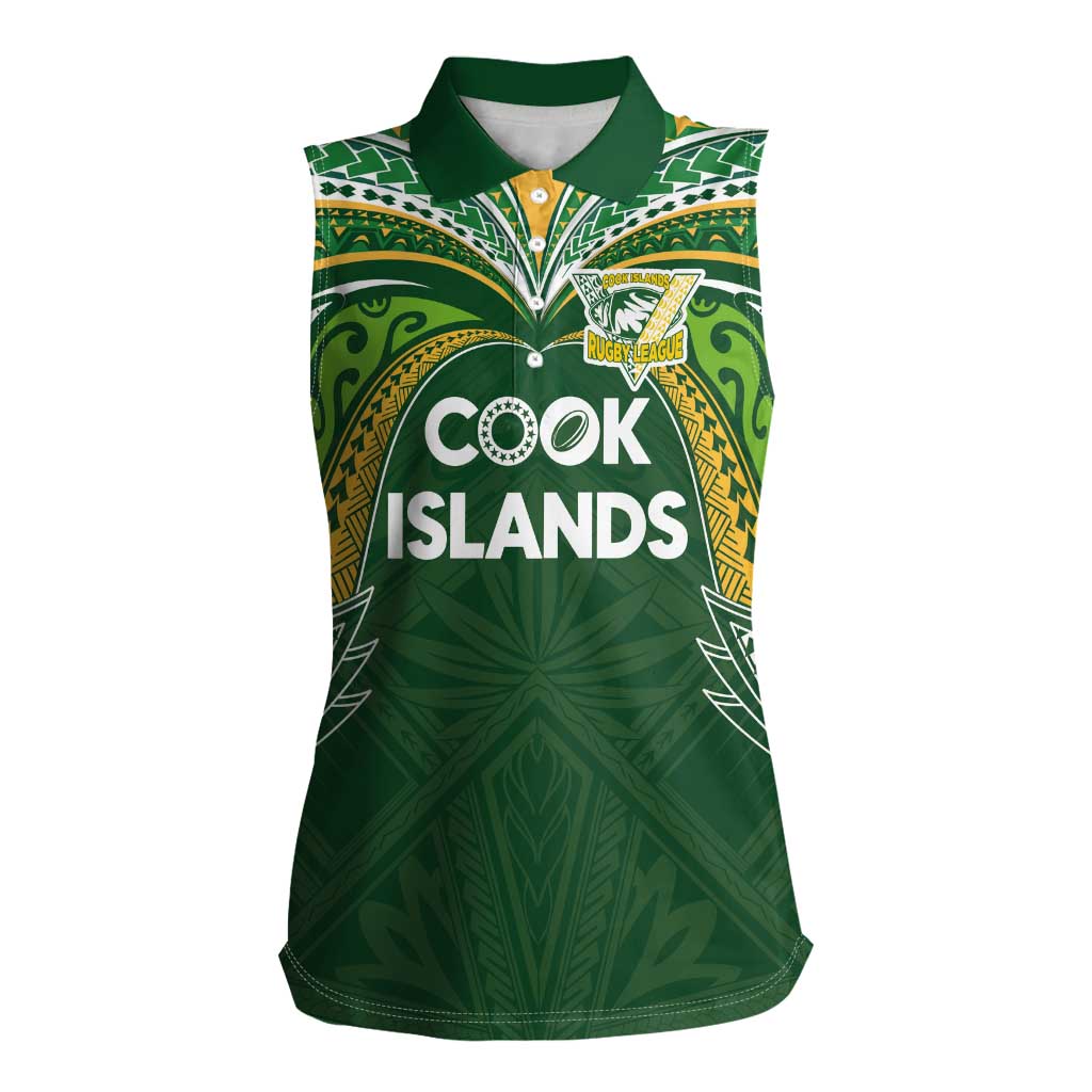 Custom Cook Islands Rugby League Women Sleeveless Polo Shirt Tatau Tribal Motifs-Dark Green Color LT03 Female Green - Polynesian Pride