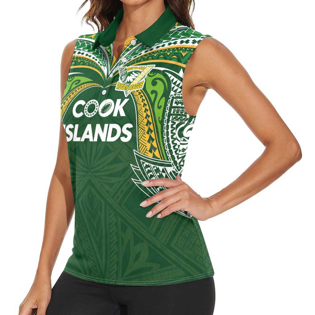 Custom Cook Islands Rugby League Women Sleeveless Polo Shirt Tatau Tribal Motifs-Dark Green Color LT03 - Polynesian Pride