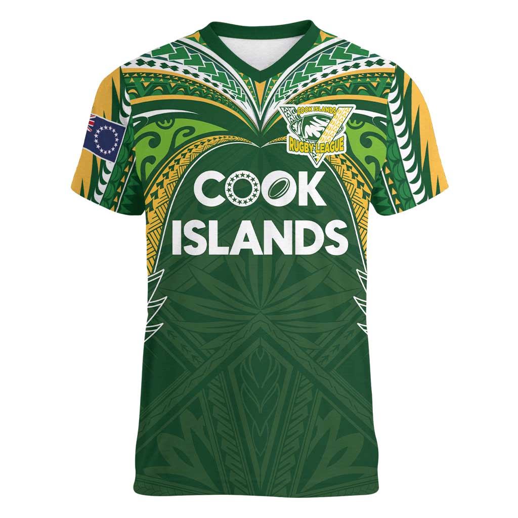 Custom Cook Islands Rugby League Women V-Neck T-Shirt Tatau Tribal Motifs-Dark Green Color LT03 Female Green - Polynesian Pride