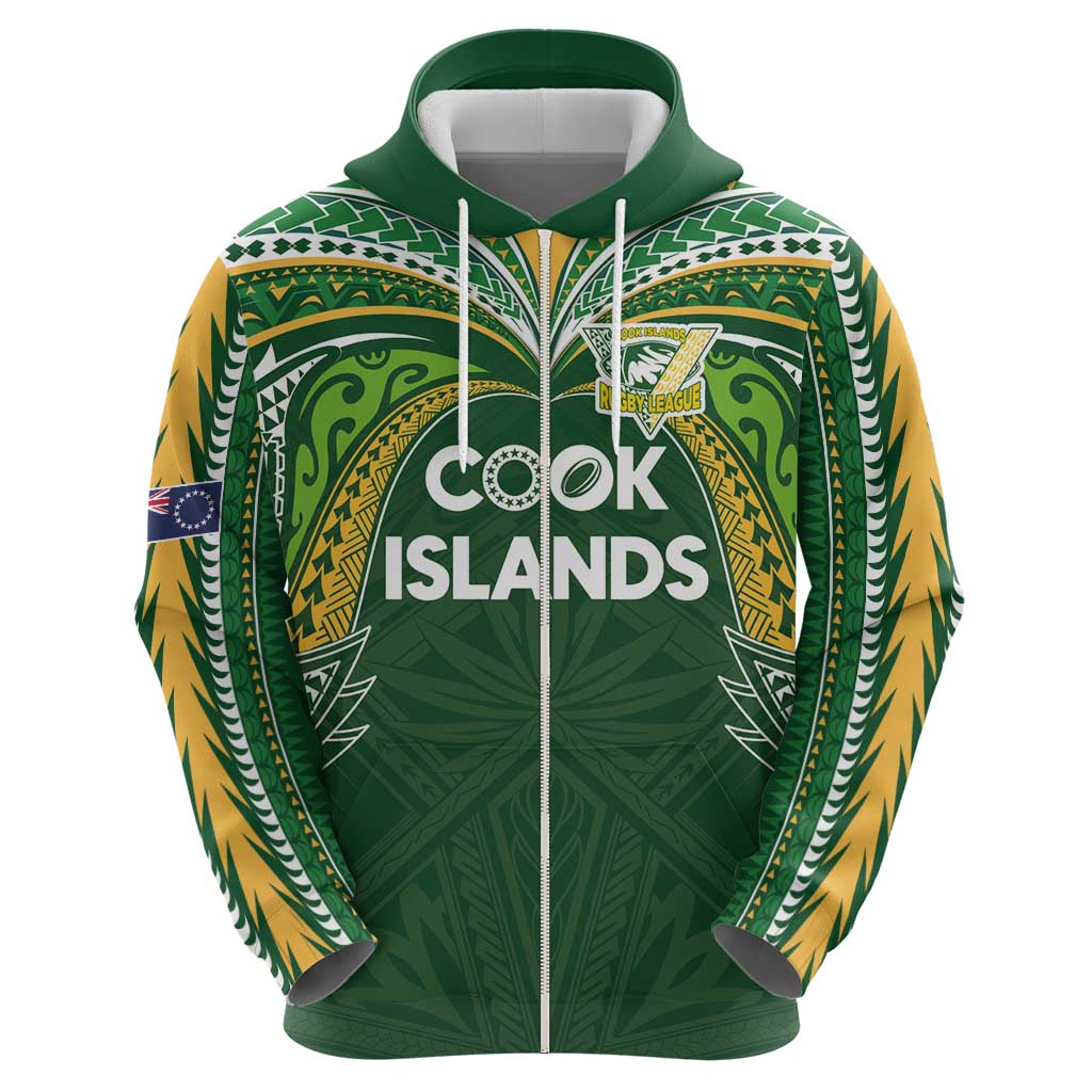 Custom Cook Islands Rugby League Zip Hoodie Tatau Tribal Motifs-Dark Green Color LT03 - Polynesian Pride