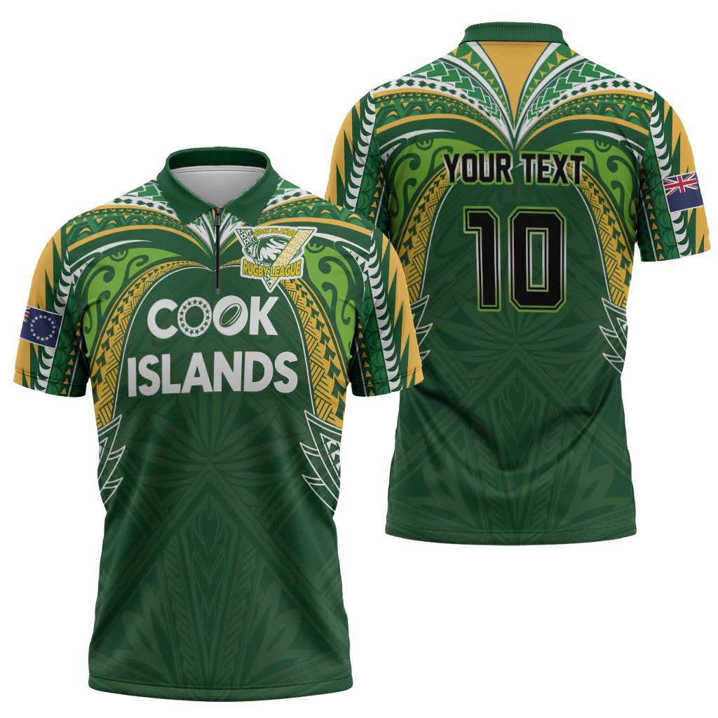 Custom Cook Islands Rugby League Zipper Polo Shirt Tatau Tribal Motifs-Dark Green Color LT03 - Polynesian Pride