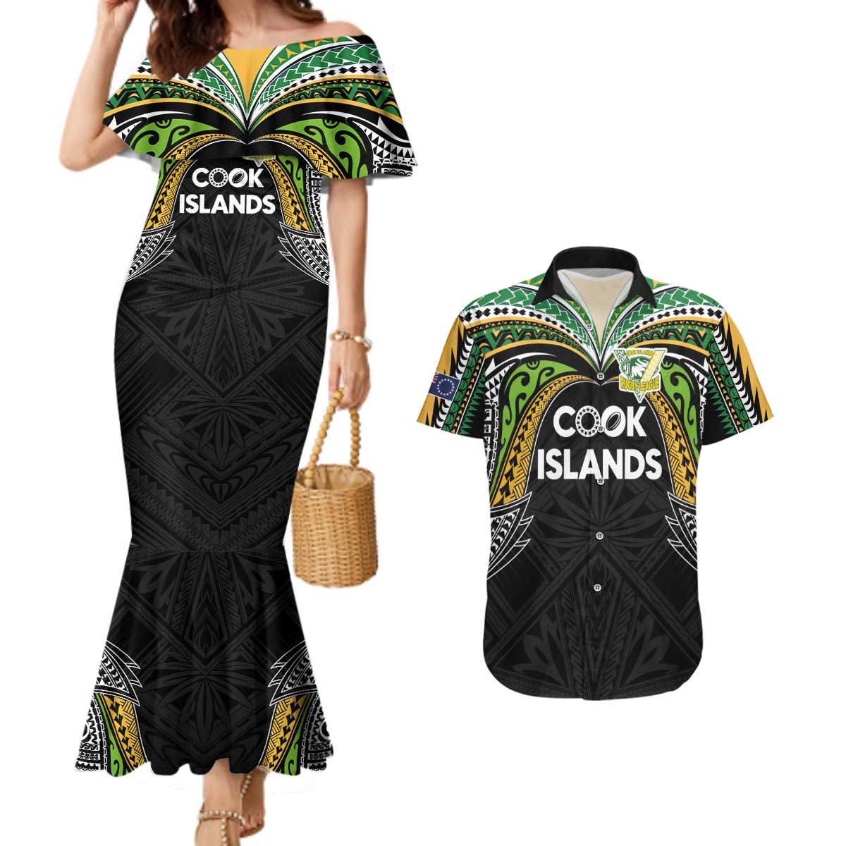Custom Cook Islands Rugby League Couples Matching Mermaid Dress and Hawaiian Shirt Tatau Tribal Motifs-Black Color - Polynesian Pride