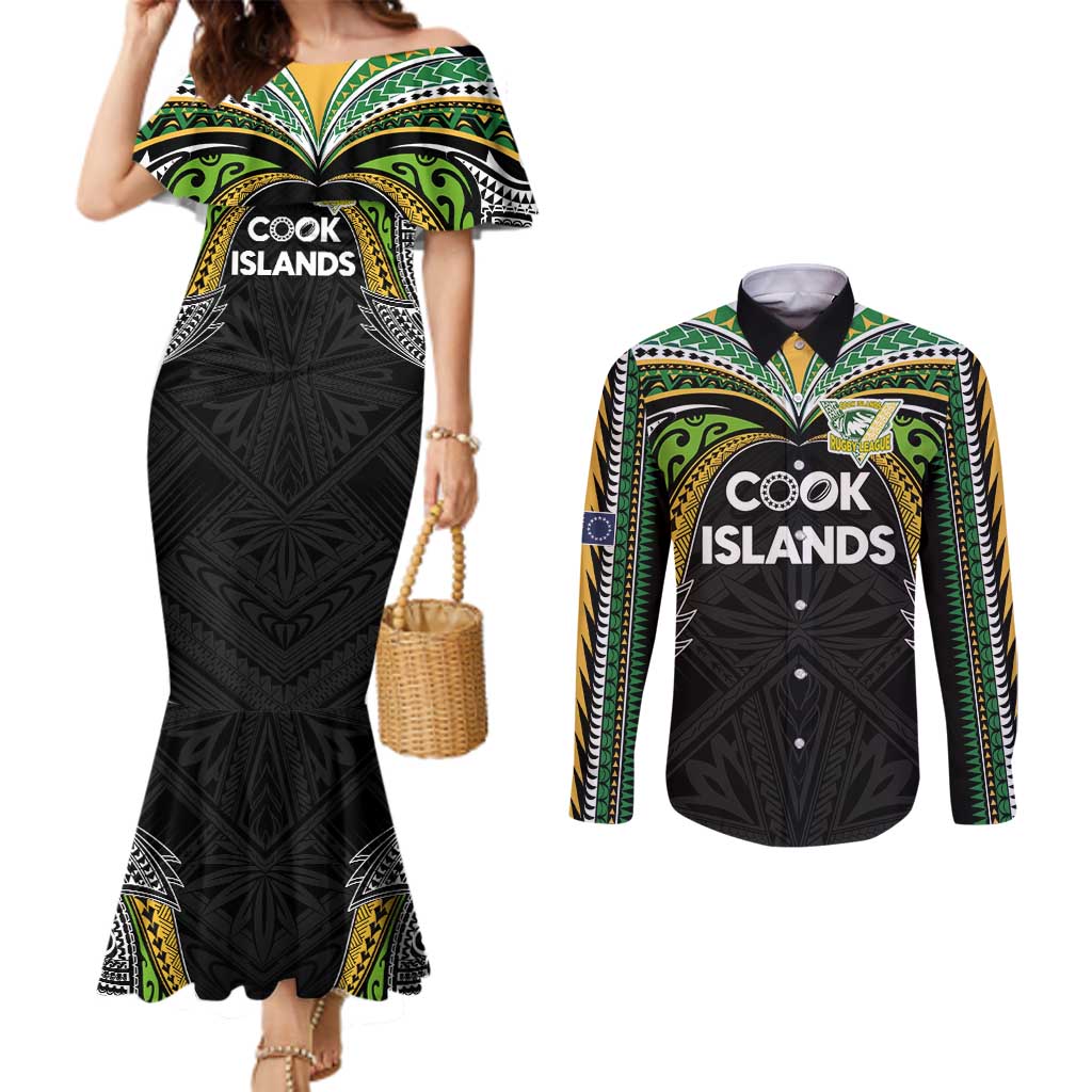 Custom Cook Islands Rugby League Couples Matching Mermaid Dress and Long Sleeve Button Shirt Tatau Tribal Motifs-Black Color LT03 Black - Polynesian Pride