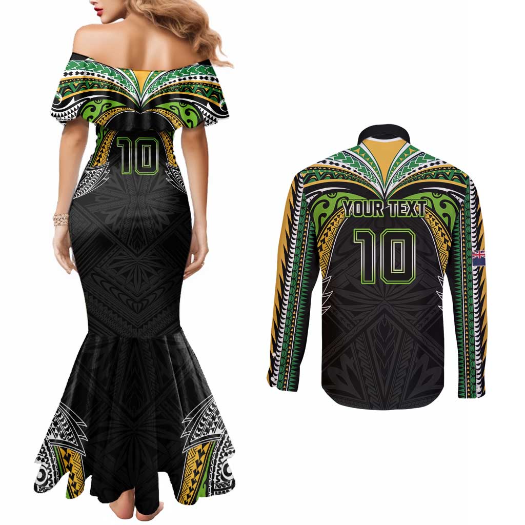 Custom Cook Islands Rugby League Couples Matching Mermaid Dress and Long Sleeve Button Shirt Tatau Tribal Motifs-Black Color LT03 - Polynesian Pride