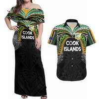 Custom Cook Islands Rugby League Couples Matching Off Shoulder Maxi Dress and Hawaiian Shirt Tatau Tribal Motifs-Black Color LT03 Black - Polynesian Pride