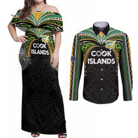 Custom Cook Islands Rugby League Couples Matching Off Shoulder Maxi Dress and Long Sleeve Button Shirt Tatau Tribal Motifs-Black Color LT03 Black - Polynesian Pride