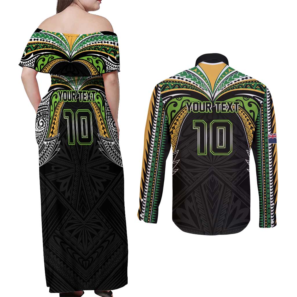 Custom Cook Islands Rugby League Couples Matching Off Shoulder Maxi Dress and Long Sleeve Button Shirt Tatau Tribal Motifs-Black Color LT03 - Polynesian Pride