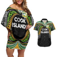 Custom Cook Islands Rugby League Couples Matching Off Shoulder Short Dress and Hawaiian Shirt Tatau Tribal Motifs-Black Color LT03 Black - Polynesian Pride