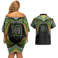 Custom Cook Islands Rugby League Couples Matching Off Shoulder Short Dress and Hawaiian Shirt Tatau Tribal Motifs-Black Color LT03 - Polynesian Pride