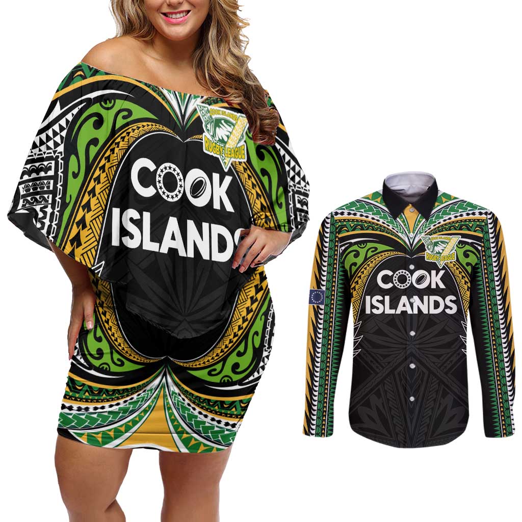Custom Cook Islands Rugby League Couples Matching Off Shoulder Short Dress and Long Sleeve Button Shirt Tatau Tribal Motifs-Black Color LT03 Black - Polynesian Pride