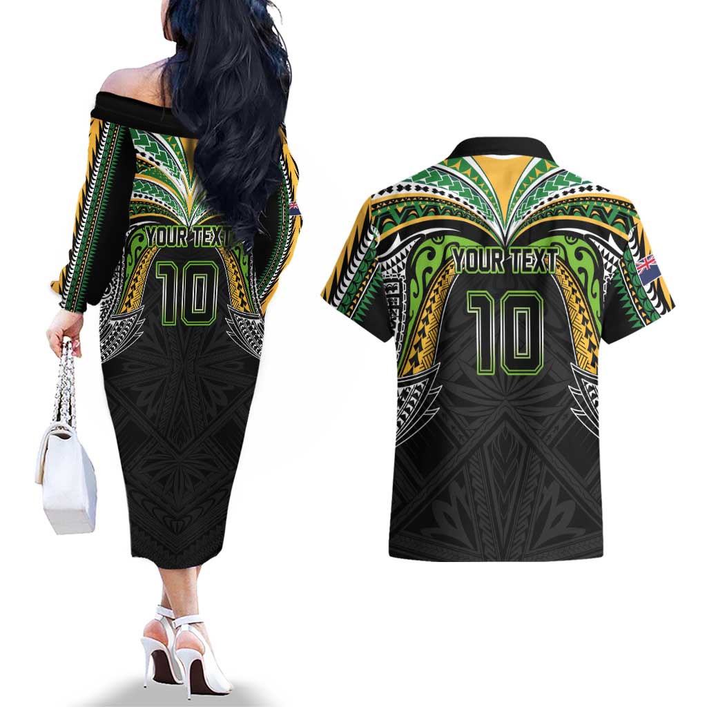 Custom Cook Islands Rugby League Couples Matching Off The Shoulder Long Sleeve Dress and Hawaiian Shirt Tatau Tribal Motifs-Black Color LT03 - Polynesian Pride