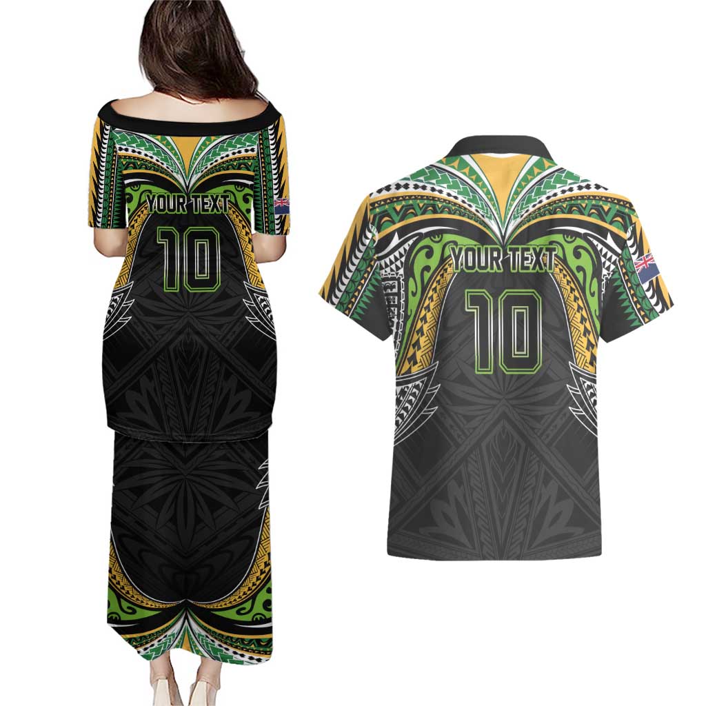 Custom Cook Islands Rugby League Couples Matching Puletasi and Hawaiian Shirt Tatau Tribal Motifs-Black Color LT03 - Polynesian Pride