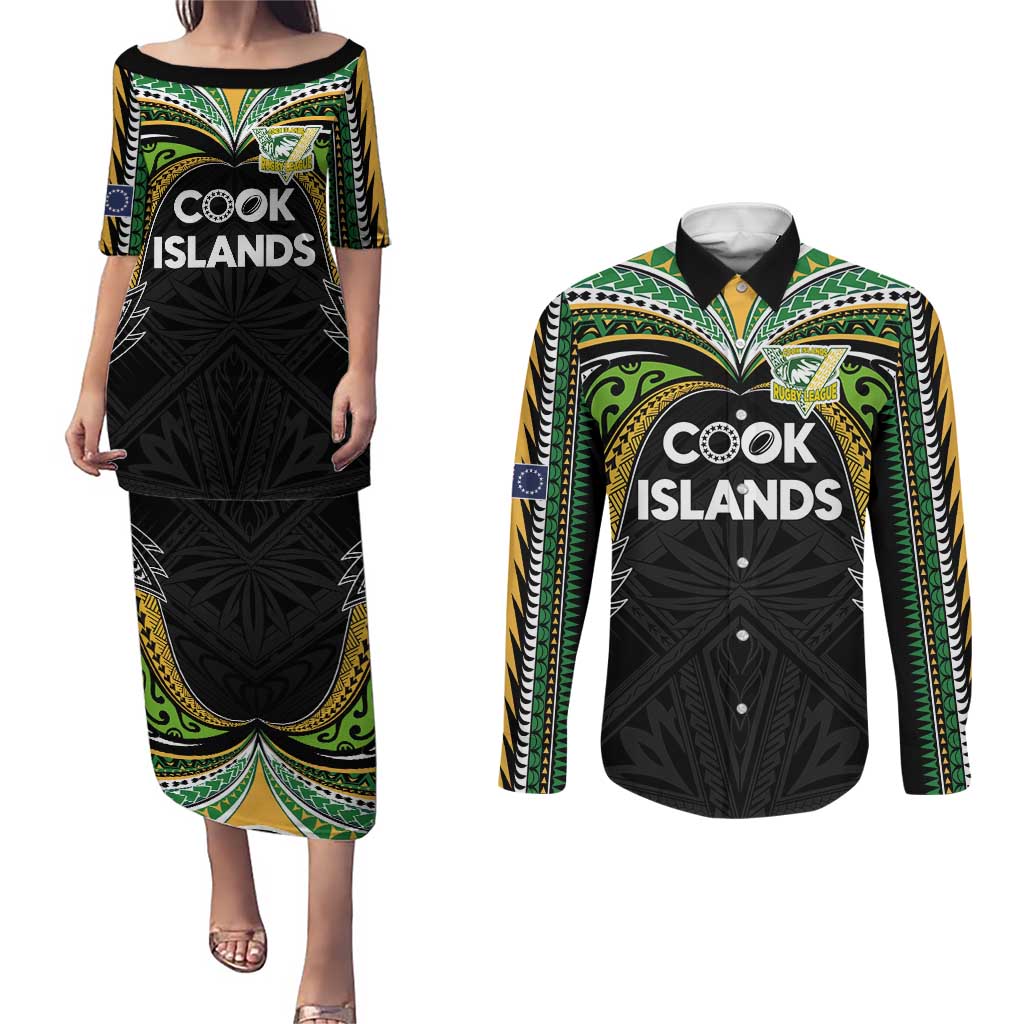 Custom Cook Islands Rugby League Couples Matching Puletasi and Long Sleeve Button Shirt Tatau Tribal Motifs-Black Color LT03 Black - Polynesian Pride