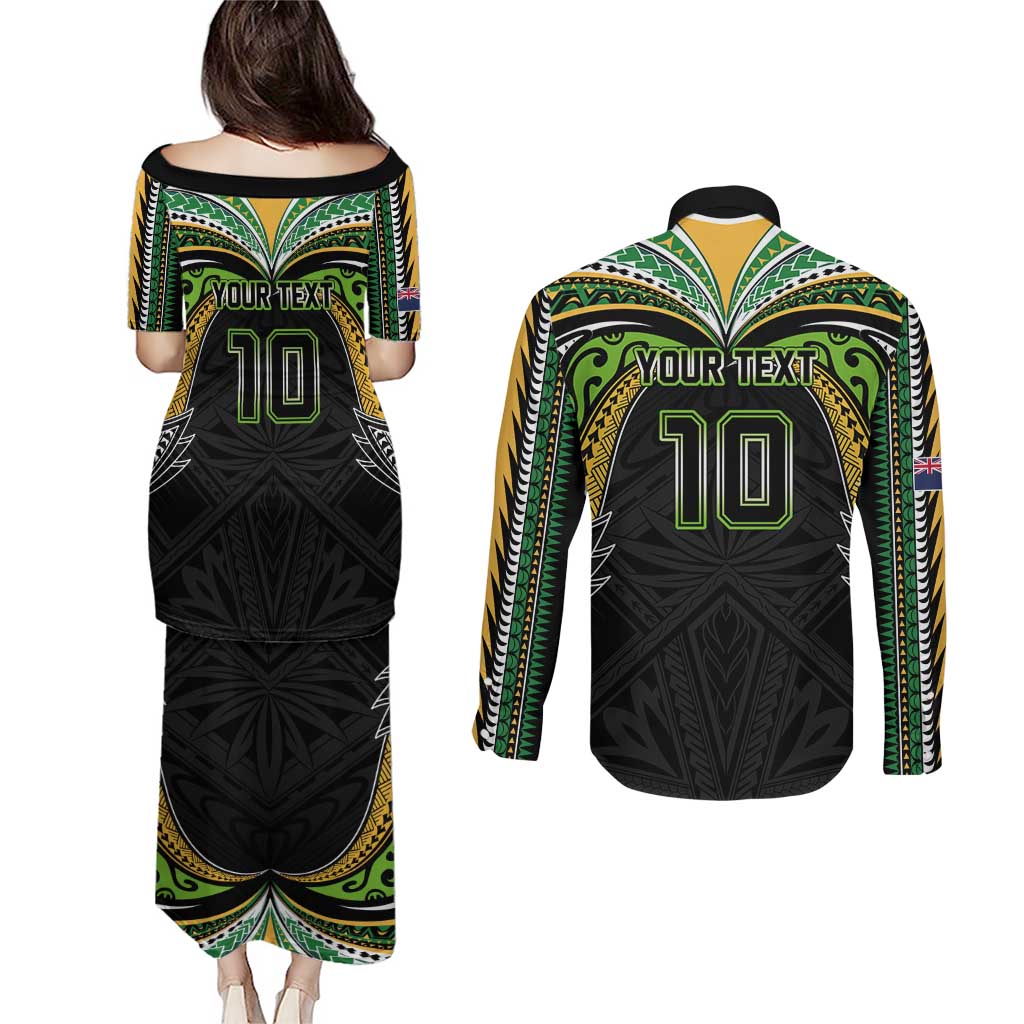 Custom Cook Islands Rugby League Couples Matching Puletasi and Long Sleeve Button Shirt Tatau Tribal Motifs-Black Color LT03 - Polynesian Pride