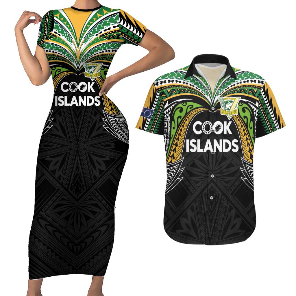 Custom Cook Islands Rugby League Couples Matching Short Sleeve Bodycon Dress and Hawaiian Shirt Tatau Tribal Motifs-Black Color LT03 Black - Polynesian Pride