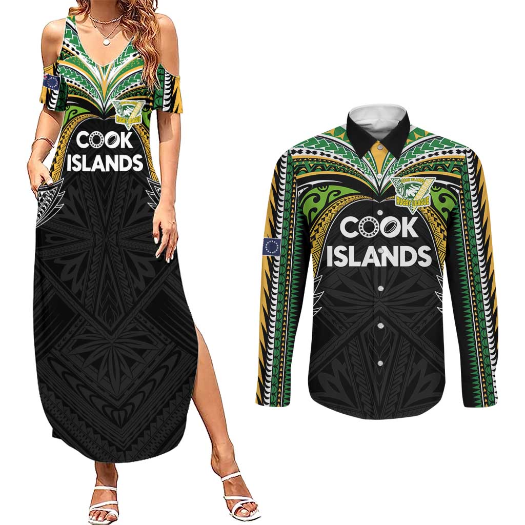 Custom Cook Islands Rugby League Couples Matching Summer Maxi Dress and Long Sleeve Button Shirt Tatau Tribal Motifs-Black Color - Polynesian Pride