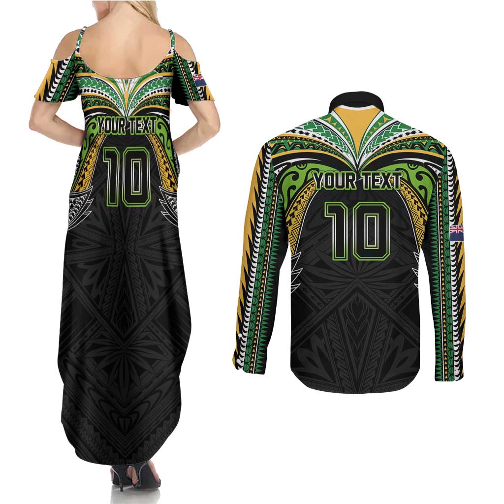 Custom Cook Islands Rugby League Couples Matching Summer Maxi Dress and Long Sleeve Button Shirt Tatau Tribal Motifs-Black Color LT03 - Polynesian Pride