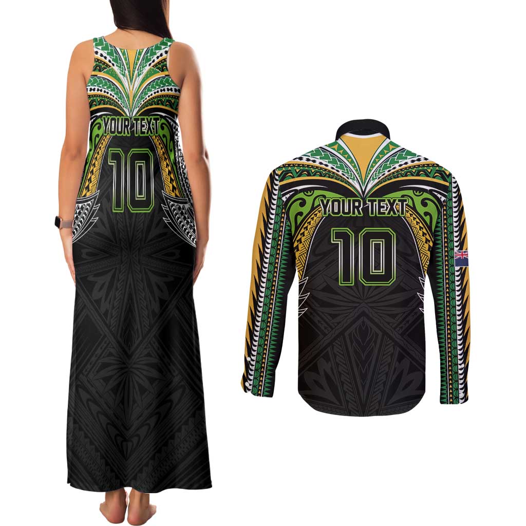 Custom Cook Islands Rugby League Couples Matching Tank Maxi Dress and Long Sleeve Button Shirt Tatau Tribal Motifs-Black Color LT03 - Polynesian Pride
