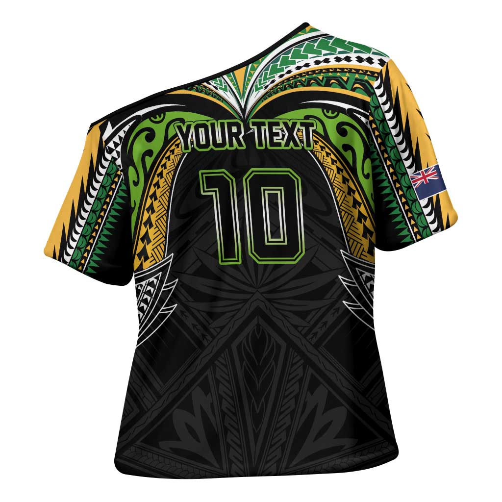 Custom Cook Islands Rugby League Cross Shoulder Shirt Tatau Tribal Motifs-Black Color - Polynesian Pride