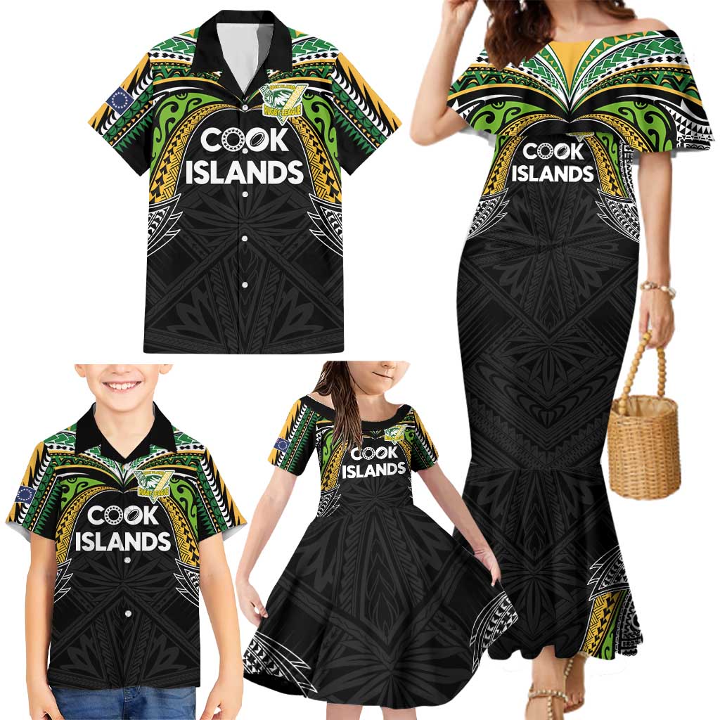 Custom Cook Islands Rugby League Family Matching Mermaid Dress and Hawaiian Shirt Tatau Tribal Motifs-Black Color - Polynesian Pride