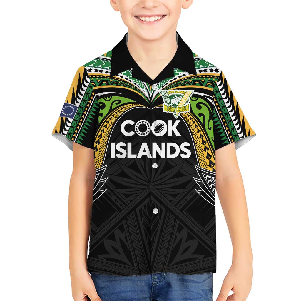 Custom Cook Islands Rugby League Family Matching Off The Shoulder Long Sleeve Dress and Hawaiian Shirt Tatau Tribal Motifs-Black Color LT03 Son's Shirt Black - Polynesian Pride