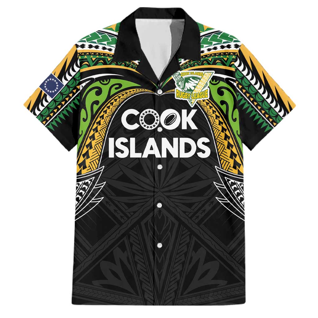 Custom Cook Islands Rugby League Family Matching Off Shoulder Short Dress and Hawaiian Shirt Tatau Tribal Motifs-Black Color LT03 Dad's Shirt - Short Sleeve Black - Polynesian Pride