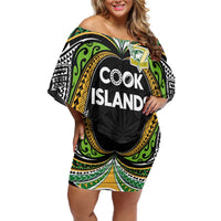 Custom Cook Islands Rugby League Family Matching Off Shoulder Short Dress and Hawaiian Shirt Tatau Tribal Motifs-Black Color LT03 Mom's Dress Black - Polynesian Pride