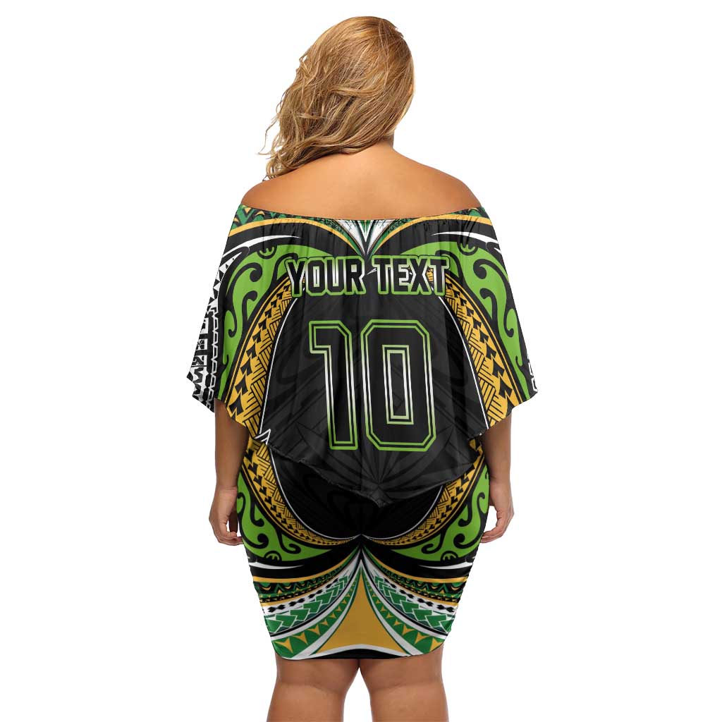Custom Cook Islands Rugby League Family Matching Off Shoulder Short Dress and Hawaiian Shirt Tatau Tribal Motifs-Black Color LT03 - Polynesian Pride