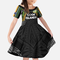 Custom Cook Islands Rugby League Family Matching Puletasi and Hawaiian Shirt Tatau Tribal Motifs-Black Color LT03 Daughter's Dress Black - Polynesian Pride