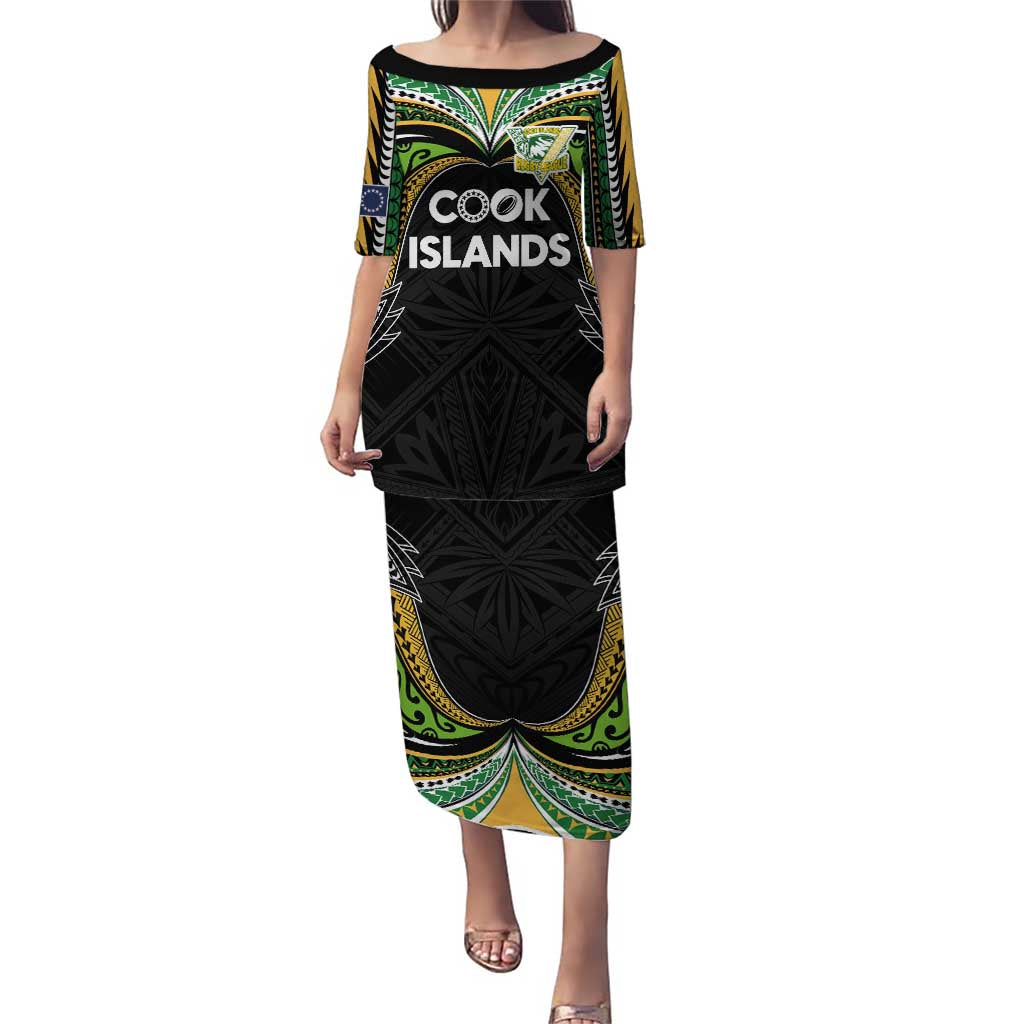 Custom Cook Islands Rugby League Family Matching Puletasi and Hawaiian Shirt Tatau Tribal Motifs-Black Color LT03 Mom's Dress Black - Polynesian Pride