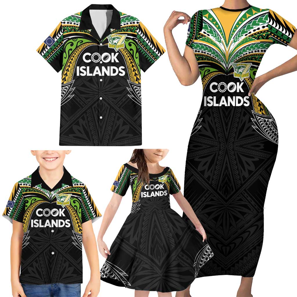 Custom Cook Islands Rugby League Family Matching Short Sleeve Bodycon Dress and Hawaiian Shirt Tatau Tribal Motifs-Black Color LT03 - Polynesian Pride