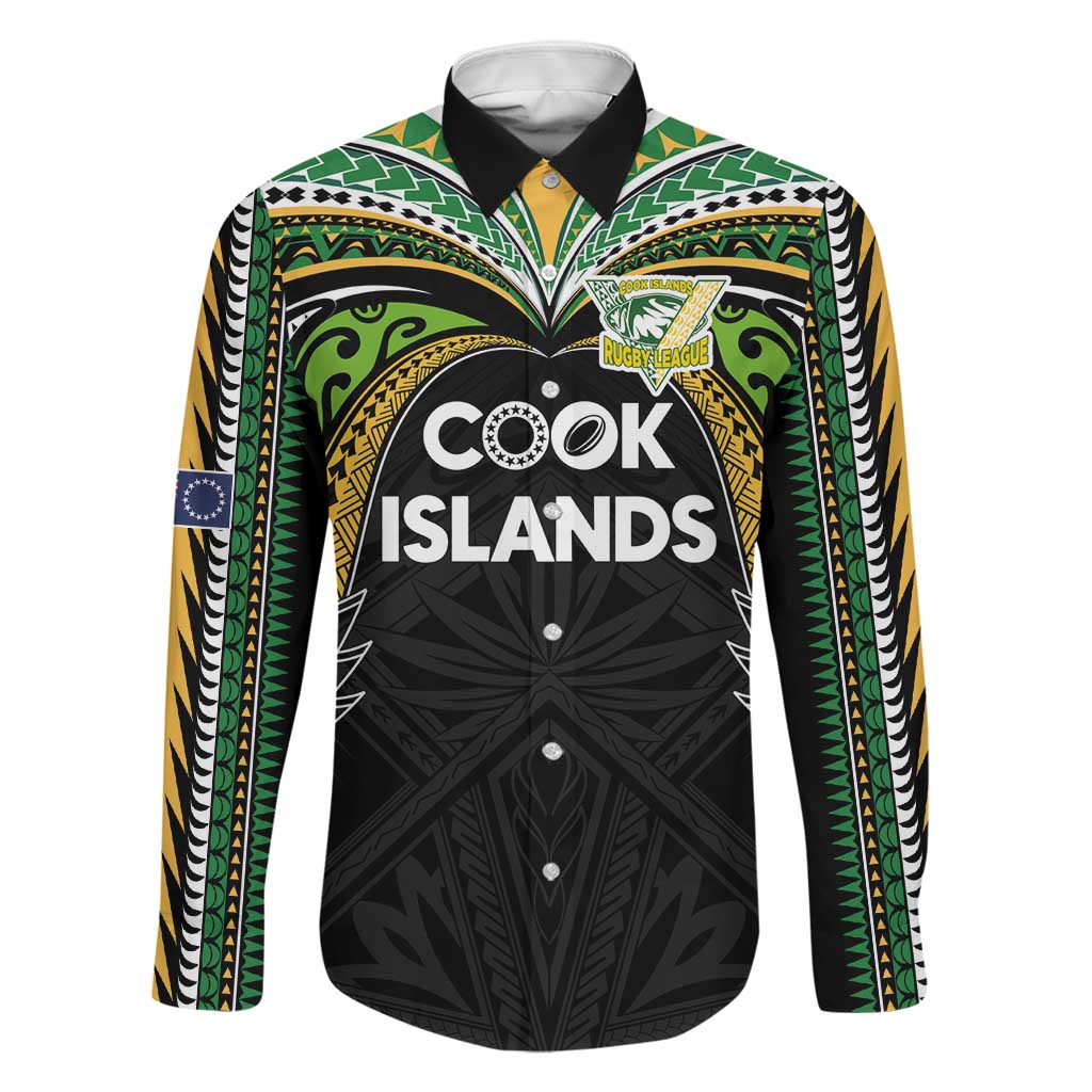 Custom Cook Islands Rugby League Family Matching Summer Maxi Dress and Hawaiian Shirt Tatau Tribal Motifs-Black Color LT03 Dad's Shirt - Long Sleeve Black - Polynesian Pride