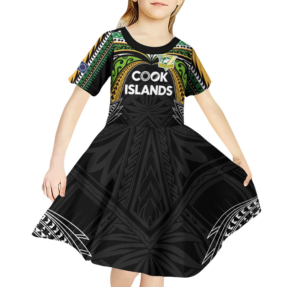 Custom Cook Islands Rugby League Kid Short Sleeve Dress Tatau Tribal Motifs-Black Color LT03 - Polynesian Pride