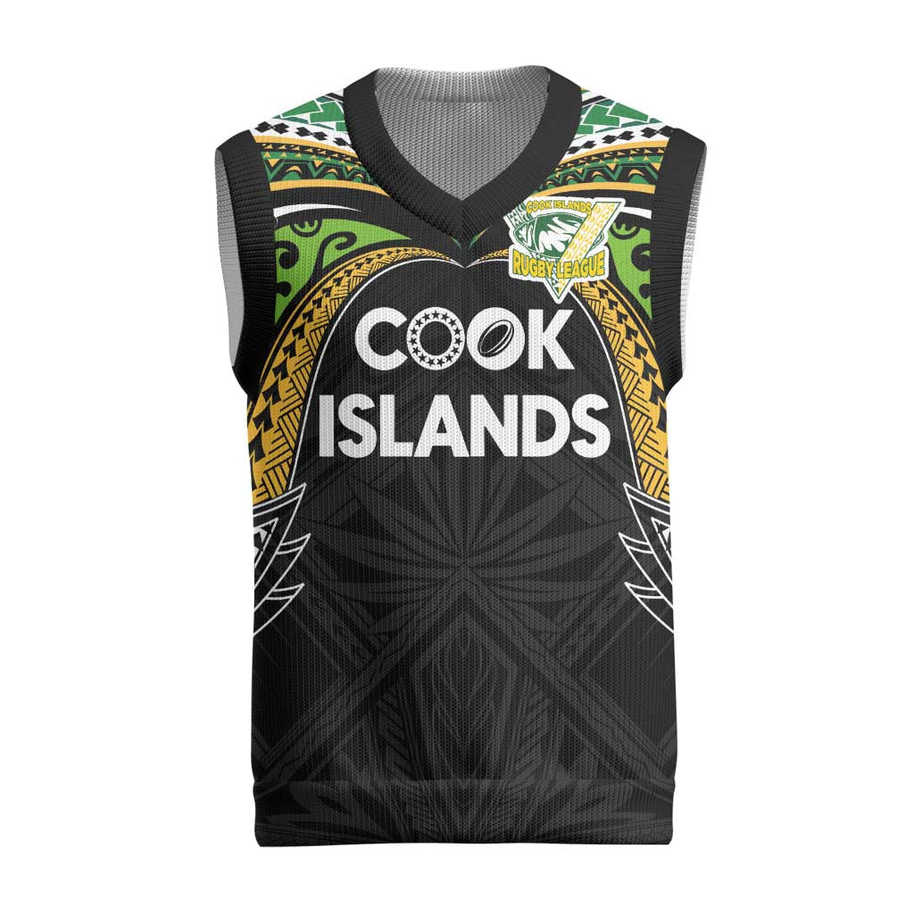 Custom Cook Islands Rugby League Christmas Knitted V-Neck Vest Tatau Tribal Motifs-Black Color LT03 Black - Polynesian Pride