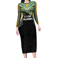 Custom Cook Islands Rugby League Long Sleeve Bodycon Dress Tatau Tribal Motifs-Black Color LT03 Long Dress Black - Polynesian Pride