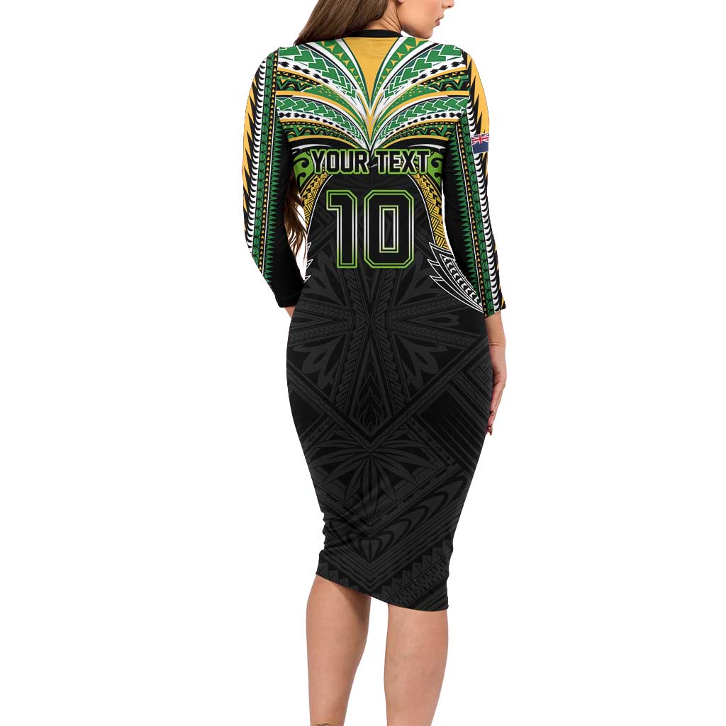 Custom Cook Islands Rugby League Long Sleeve Bodycon Dress Tatau Tribal Motifs-Black Color LT03 - Polynesian Pride