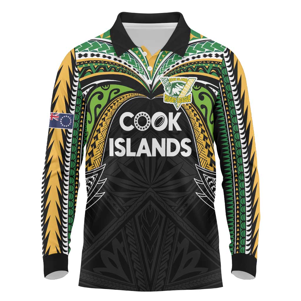 Custom Cook Islands Rugby League Long Sleeve Polo Shirt Tatau Tribal Motifs-Black Color LT03 Black - Polynesian Pride