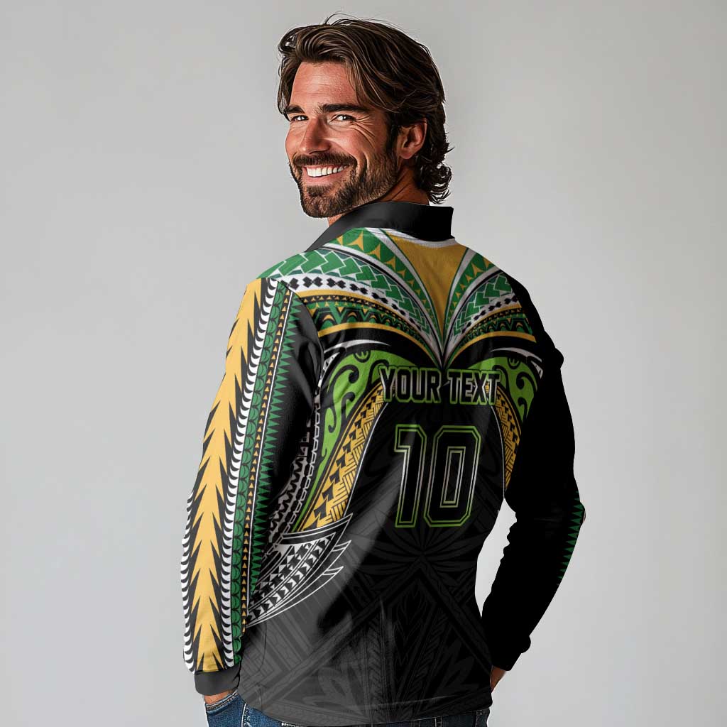 Custom Cook Islands Rugby League Long Sleeve Polo Shirt Tatau Tribal Motifs-Black Color LT03 - Polynesian Pride