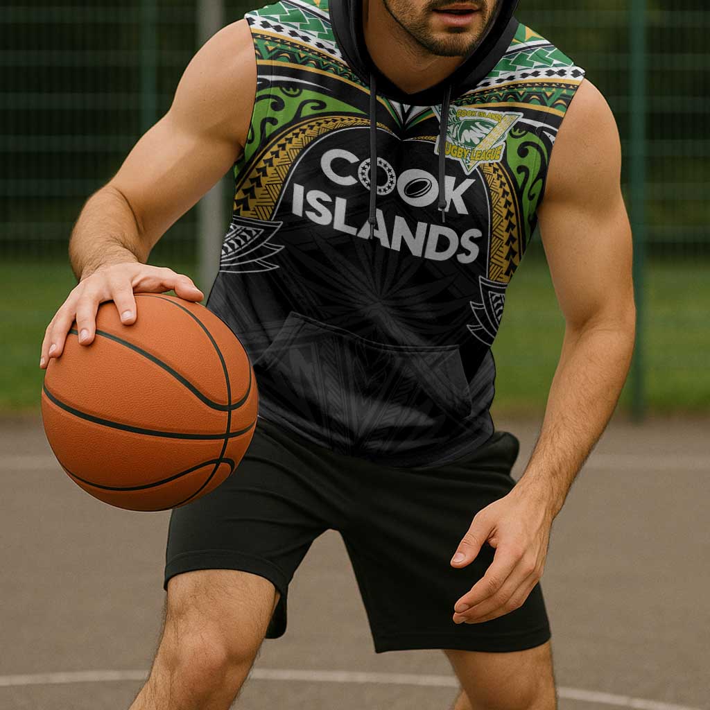 Custom Cook Islands Rugby League Sleeveless Hoodie Tatau Tribal Motifs-Black Color LT03 - Polynesian Pride