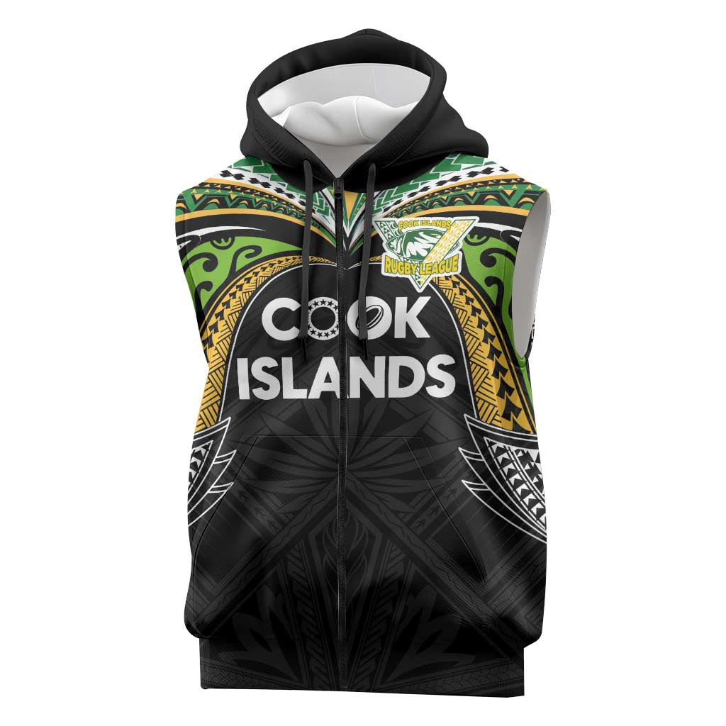 Custom Cook Islands Rugby League Sleeveless Zip Hoodie Tatau Tribal Motifs-Black Color LT03 Black - Polynesian Pride