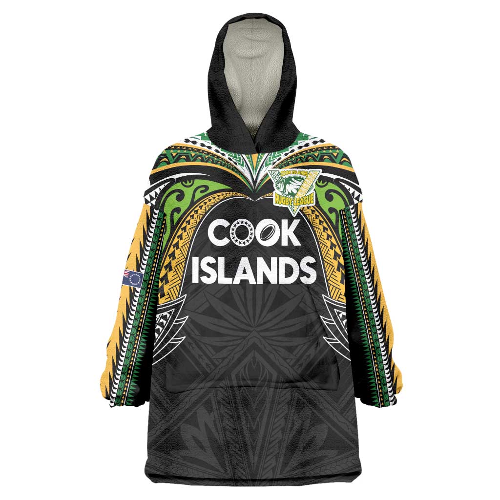 Custom Cook Islands Rugby League Wearable Blanket Hoodie Tatau Tribal Motifs-Black Color LT03 One Size Black - Polynesian Pride