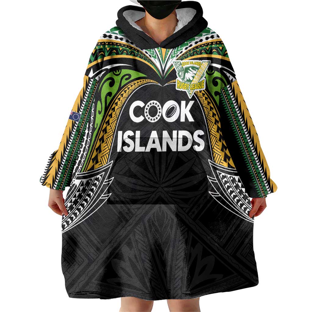 Custom Cook Islands Rugby League Wearable Blanket Hoodie Tatau Tribal Motifs-Black Color LT03 - Polynesian Pride