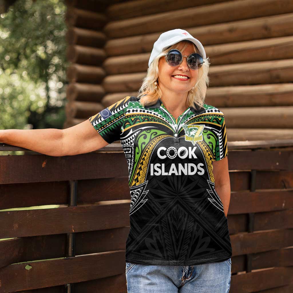 Custom Cook Islands Rugby League Women Polo Shirt Tatau Tribal Motifs-Black Color LT03 - Polynesian Pride