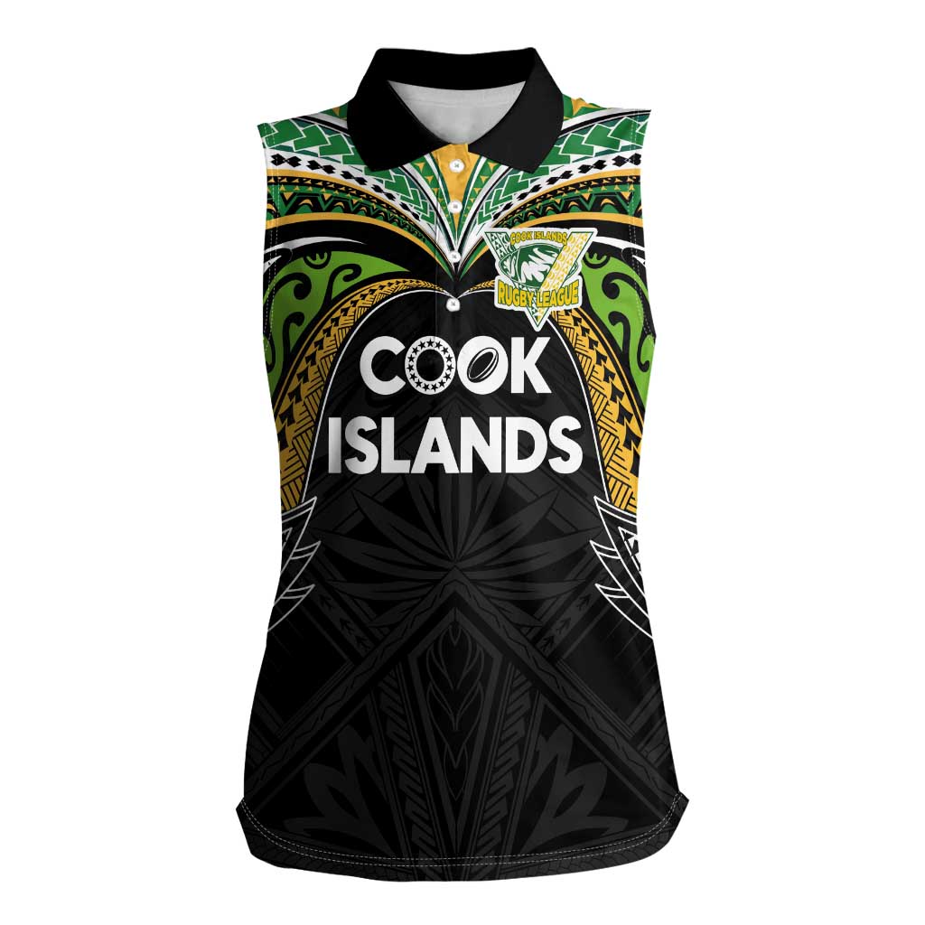 Custom Cook Islands Rugby League Women Sleeveless Polo Shirt Tatau Tribal Motifs-Black Color LT03 Female Black - Polynesian Pride