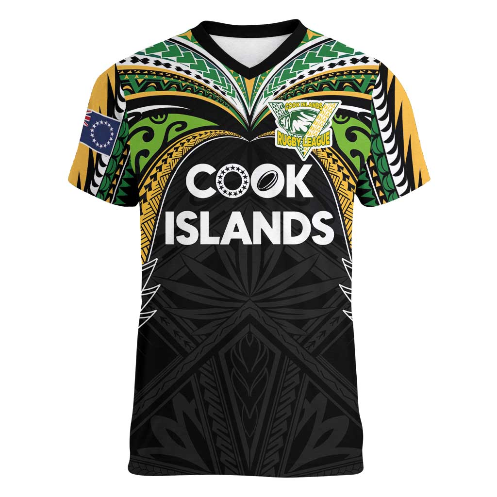 Custom Cook Islands Rugby League Women V-Neck T-Shirt Tatau Tribal Motifs-Black Color LT03 Female Black - Polynesian Pride