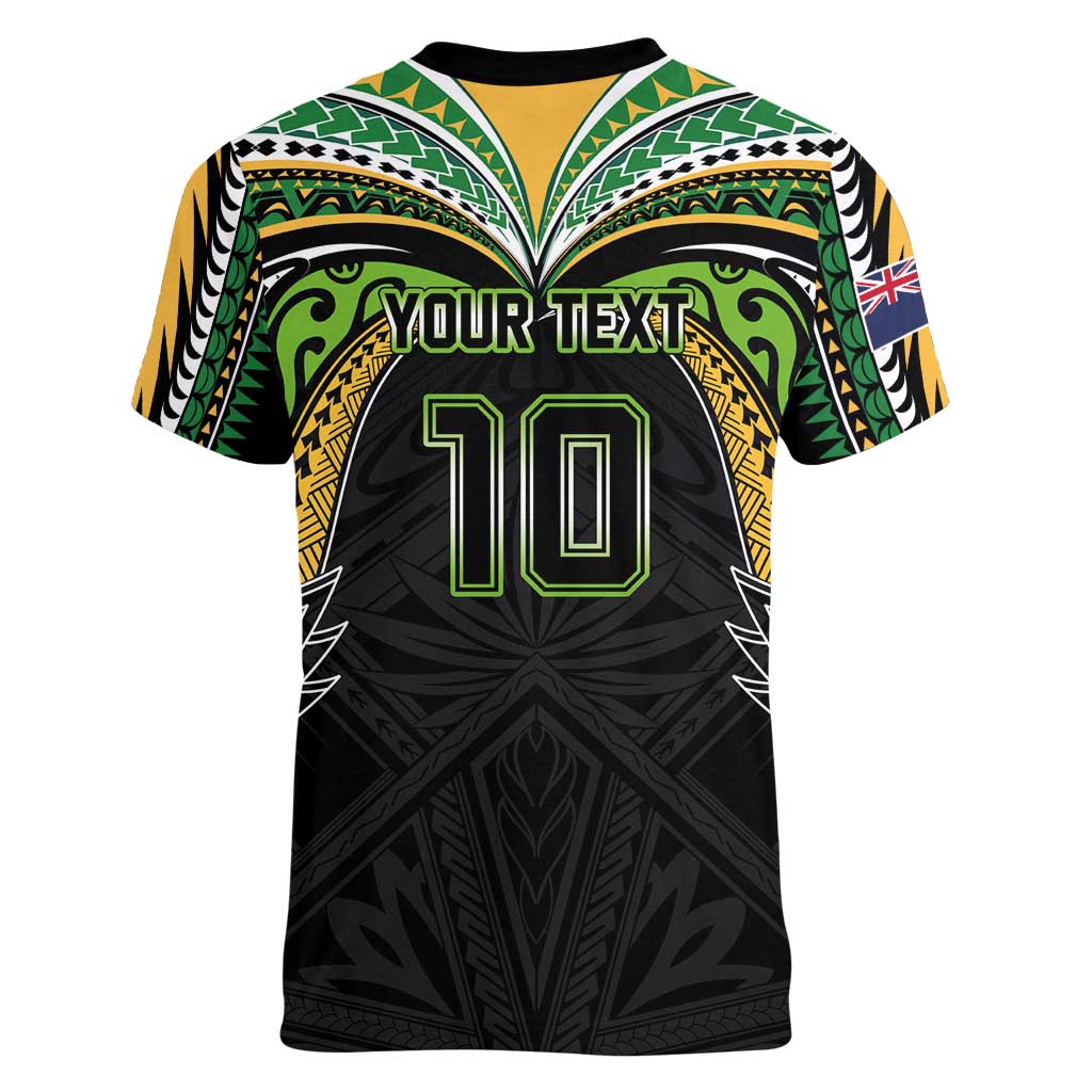 Custom Cook Islands Rugby League Women V-Neck T-Shirt Tatau Tribal Motifs-Black Color LT03 - Polynesian Pride