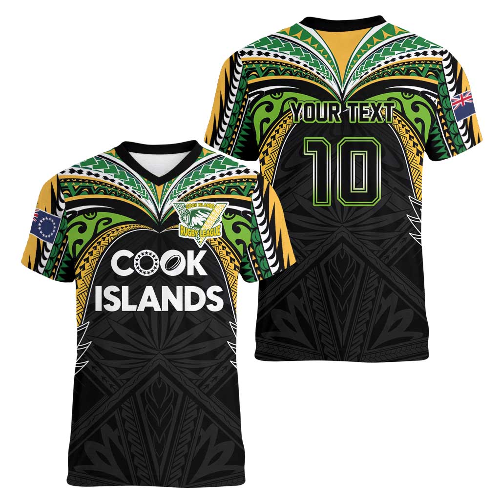 Custom Cook Islands Rugby League Women V-Neck T-Shirt Tatau Tribal Motifs-Black Color LT03 - Polynesian Pride
